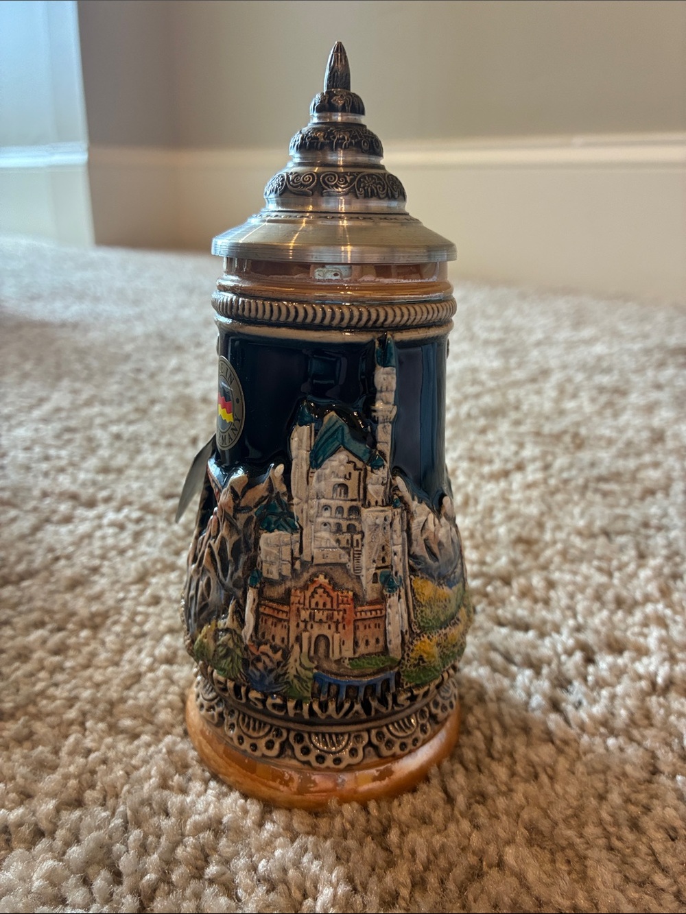 German Scenic Ceramic Beer Stein with Pewter Lid - Navy, Tan, Green